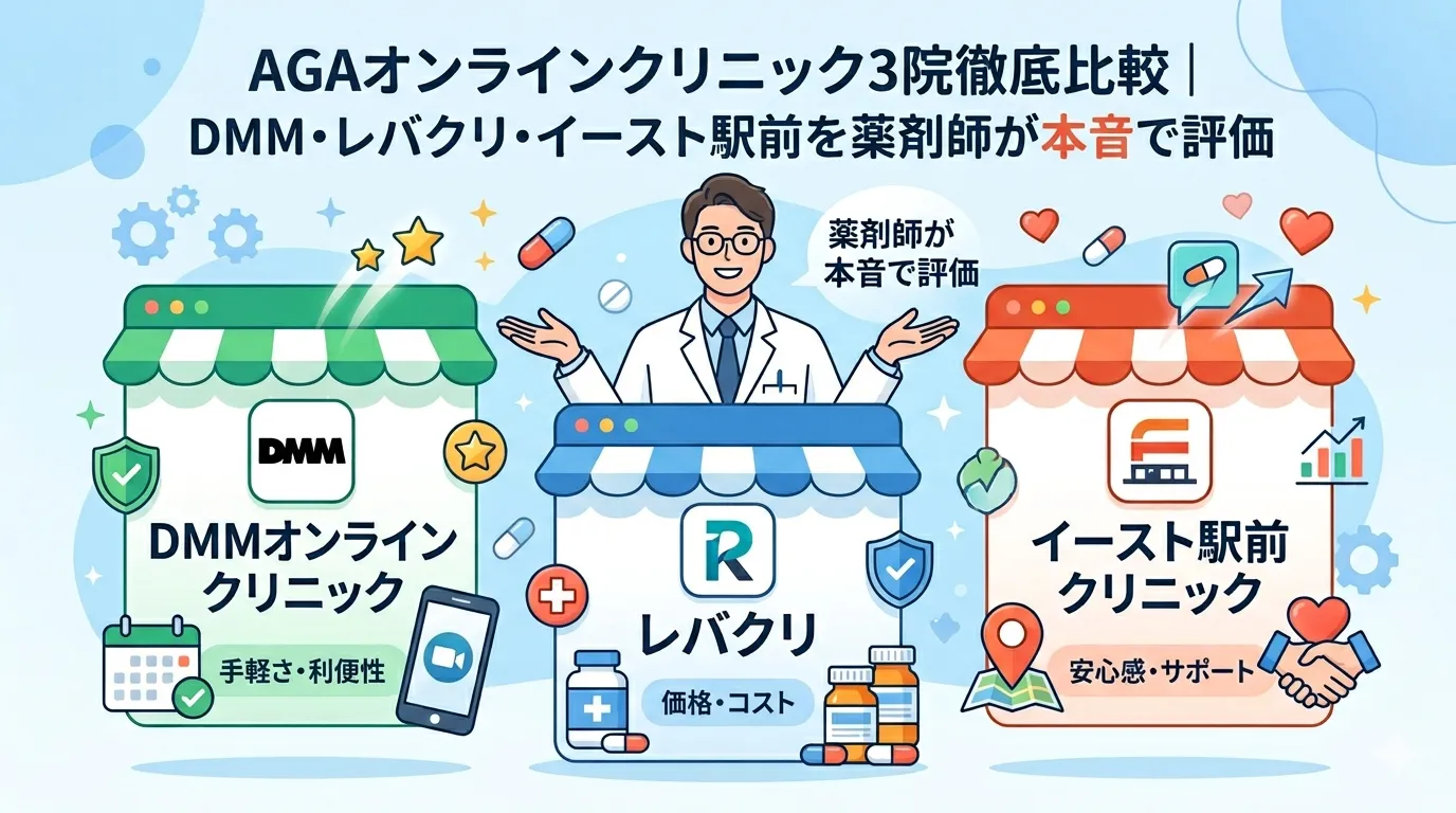 AGAオンラインクリニック3院徹底比較｜DMM・レバクリ・イースト駅前を薬剤師が本音で評価【2026年最新】