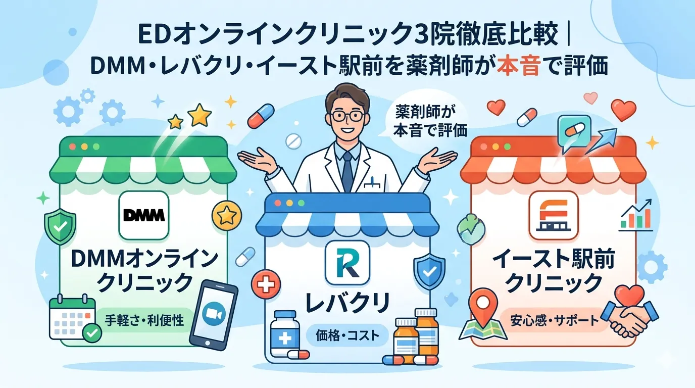 EDオンラインクリニック3院徹底比較｜DMM・レバクリ・イースト駅前を薬剤師が本音で評価【2026年最新】