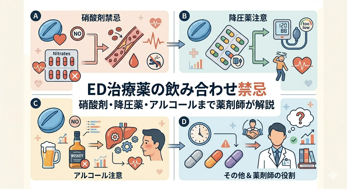 ED治療薬の飲み合わせ禁忌｜硝酸剤・降圧薬・アルコールまで薬剤師が解説